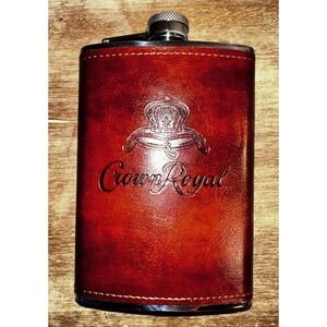 Crown Royal Stainless Steel 8 oz Hip Flask Leather Wrapped Whiskey Liquor Flask